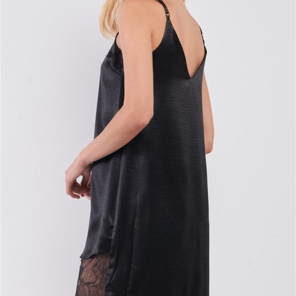 Black Satin Sleeveless Relaxed Fit V-Neck Asymmetr - Picture 6 of 8